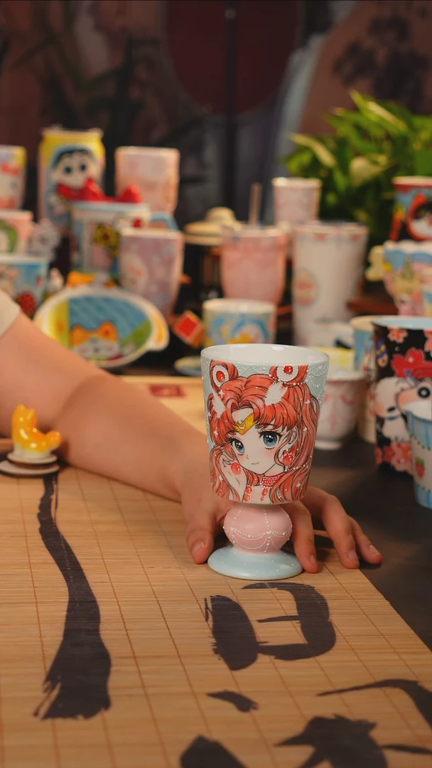 景德镇手工手绘杯杯美少女高足杯