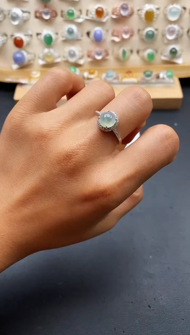 银S925镶嵌戒指翡翠缅甸天然A货翡翠1 9-10