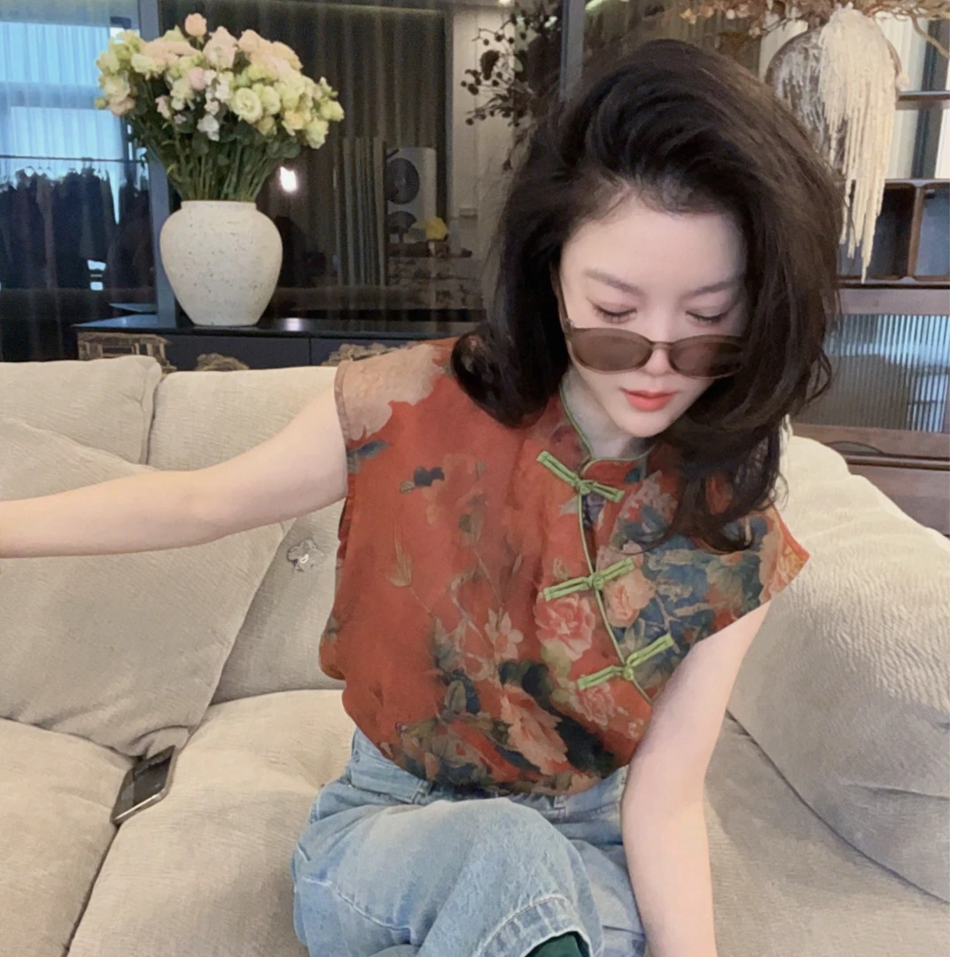 【悦悦专属】新中式复古立领提花盘扣无袖马甲Y592