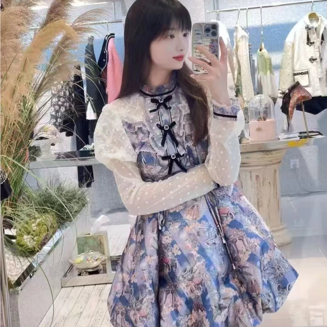 蓝色优雅方领宫廷风重工连衣裙2024春秋新款高腰时尚显瘦气质裙子