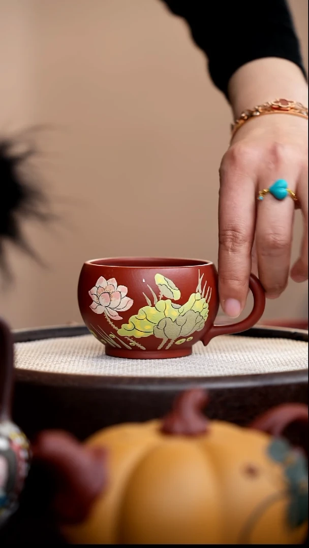 茶壶紫砂朱泥荷花手把杯