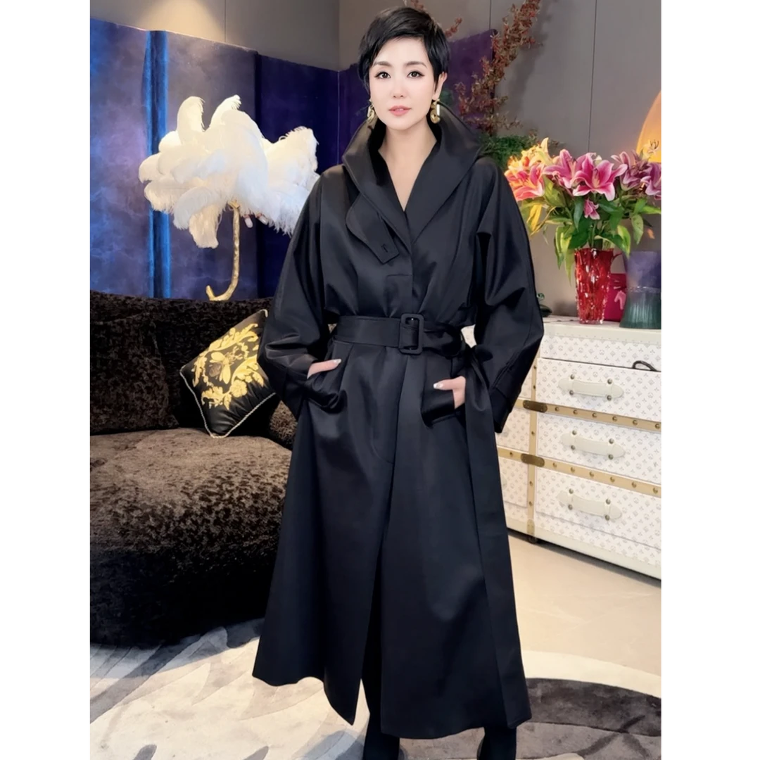 【顾文婷推荐】玉琼国风25 卡其色黑色复古小翻领系带大衣 J25S6017