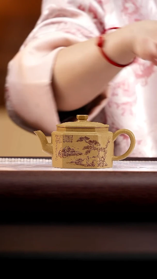 茶壶紫砂本绿六方菱花140cc