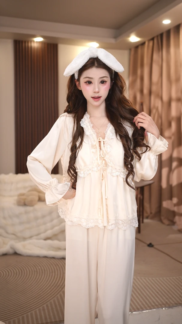【琉璃】春夏新款女士甜美纯欲风春秋可外穿带胸垫家居服套装