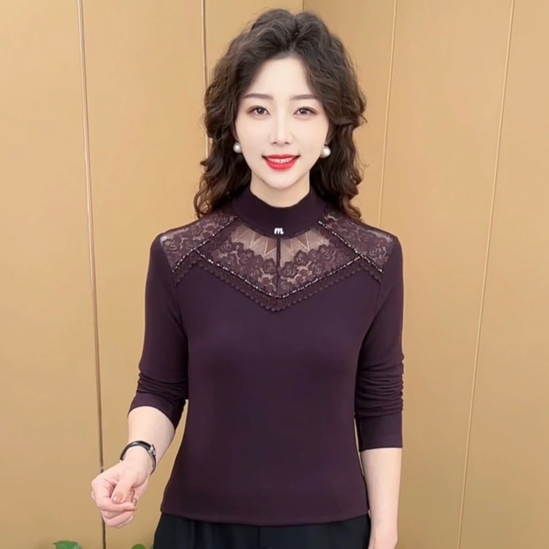 秋冬新款精致圆领蕾丝拼接设计潮流妈妈装双面绒休闲打底衫K6828