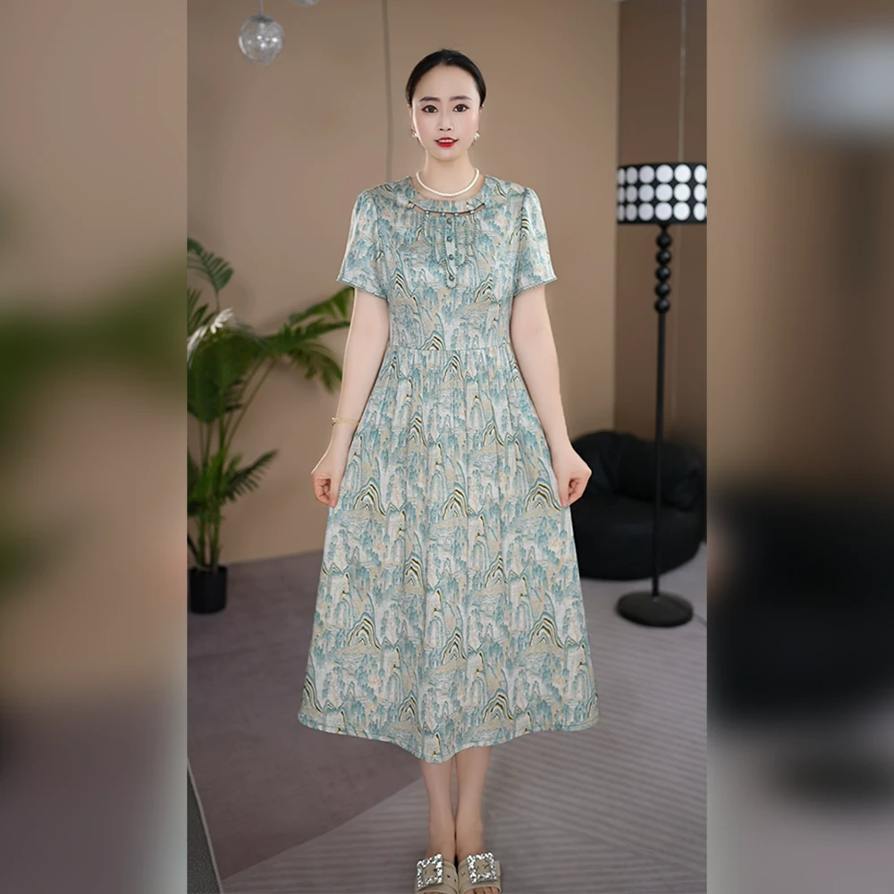 2025爆款时尚百搭新中式女士夏季连衣裙高贵显瘦妈妈装洋气遮肚子