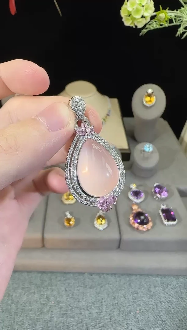 银S925镶嵌颈饰芙蓉石15*20mm星光粉水晶吊坠