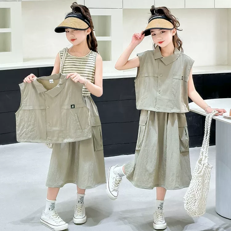 尚品琳53连衣裙女新款圆领条纹修身收腰工装风通勤拼接背心裙