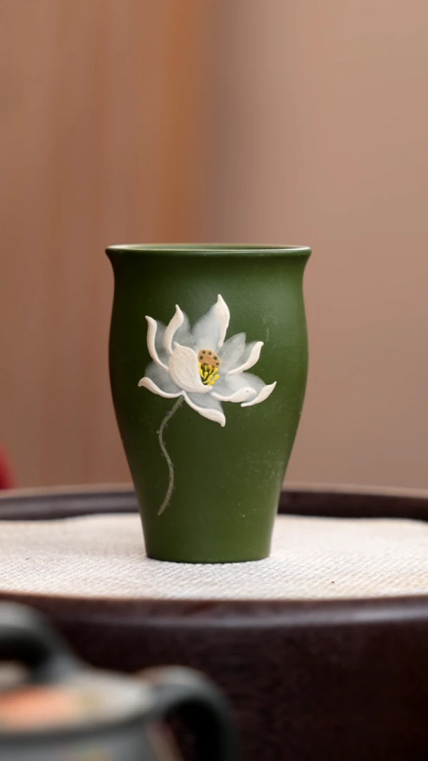 【闪购商品】紫砂茶壶民国绿闻香杯泥绘白莲