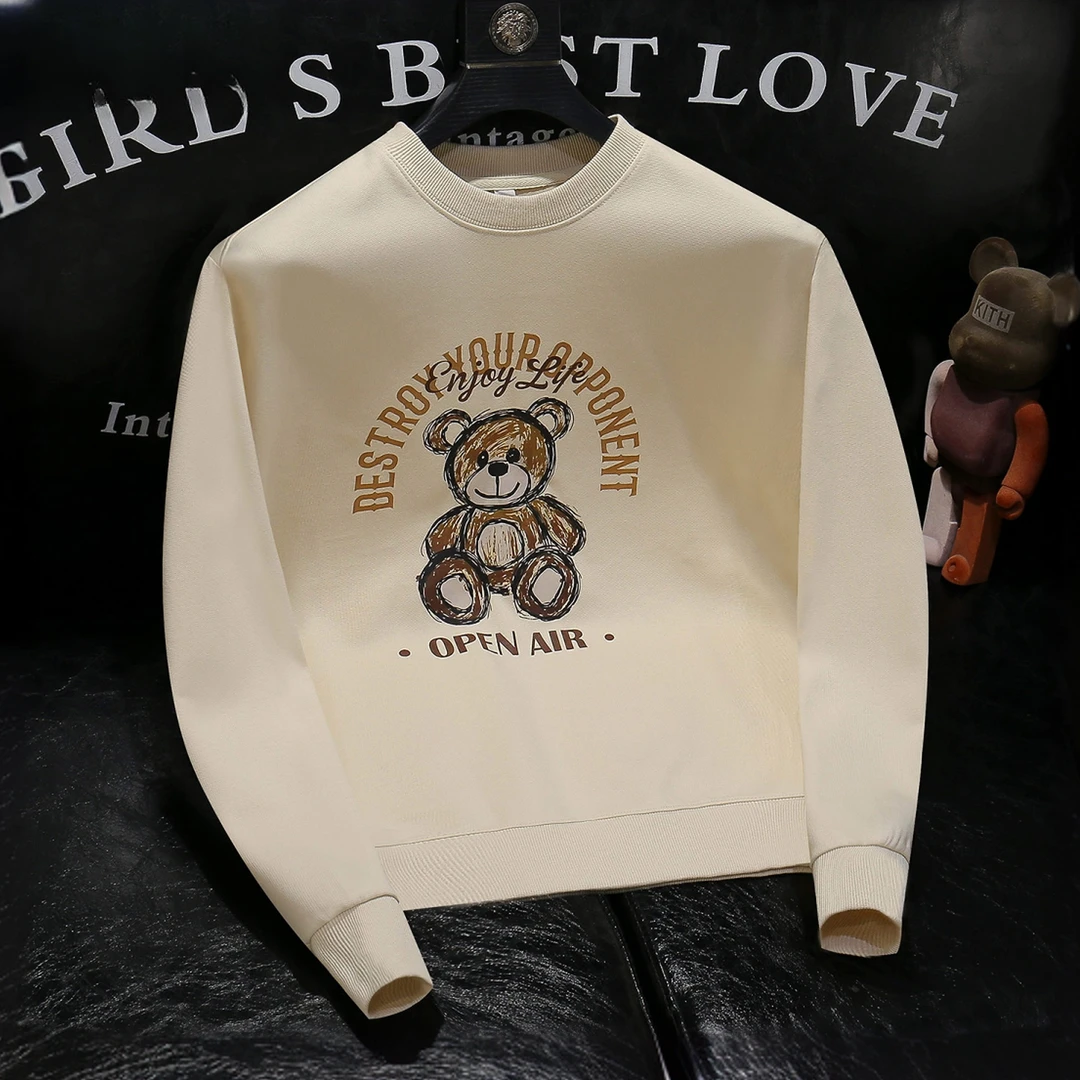 吉伦略索轻奢潮流秋冬复古小熊印花男士圆领卫衣时尚套头长袖上衣