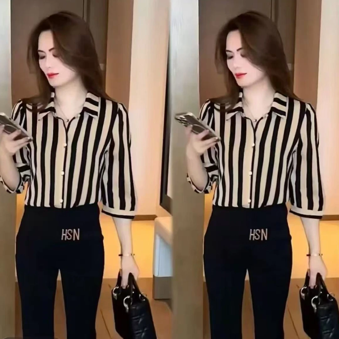 0053#【衣长56】新款衬衫时尚气质显瘦收腰设计衬衣条纹上衣