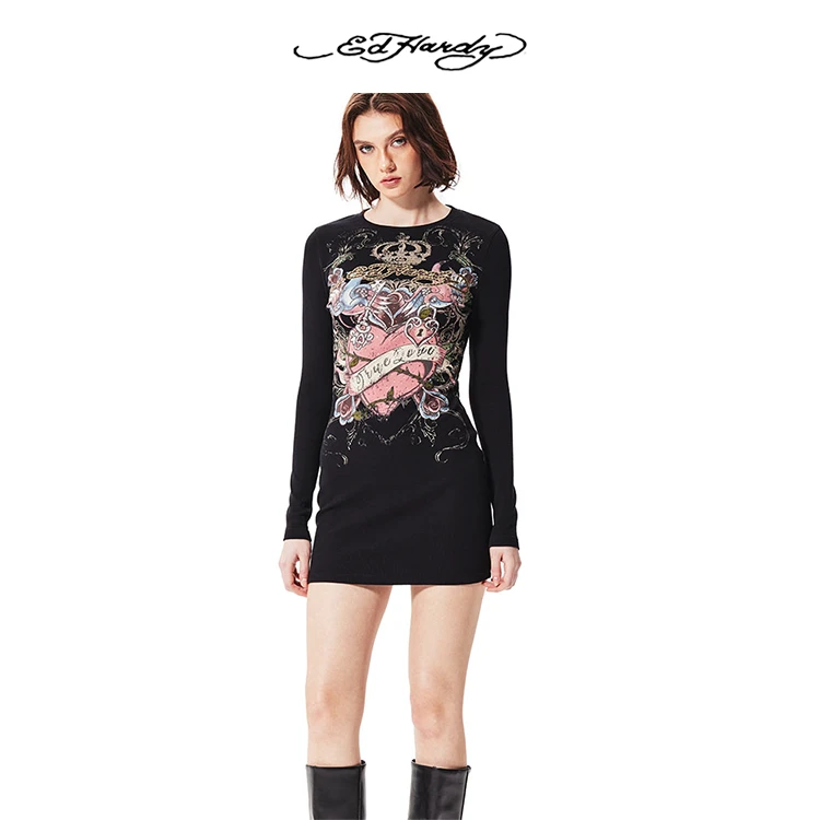 Ed Hardy/埃德哈迪新款爱心图腾奢华风女士修身连衣裙E1QCW345