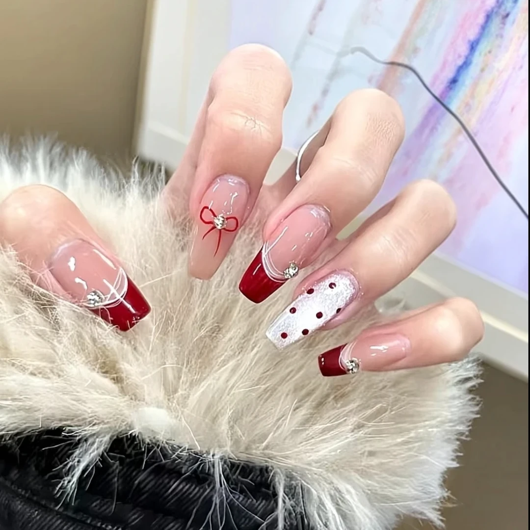 【百利甜】ins韩系少女红色系法式边穿戴甲 纯手工勾线cpz-087