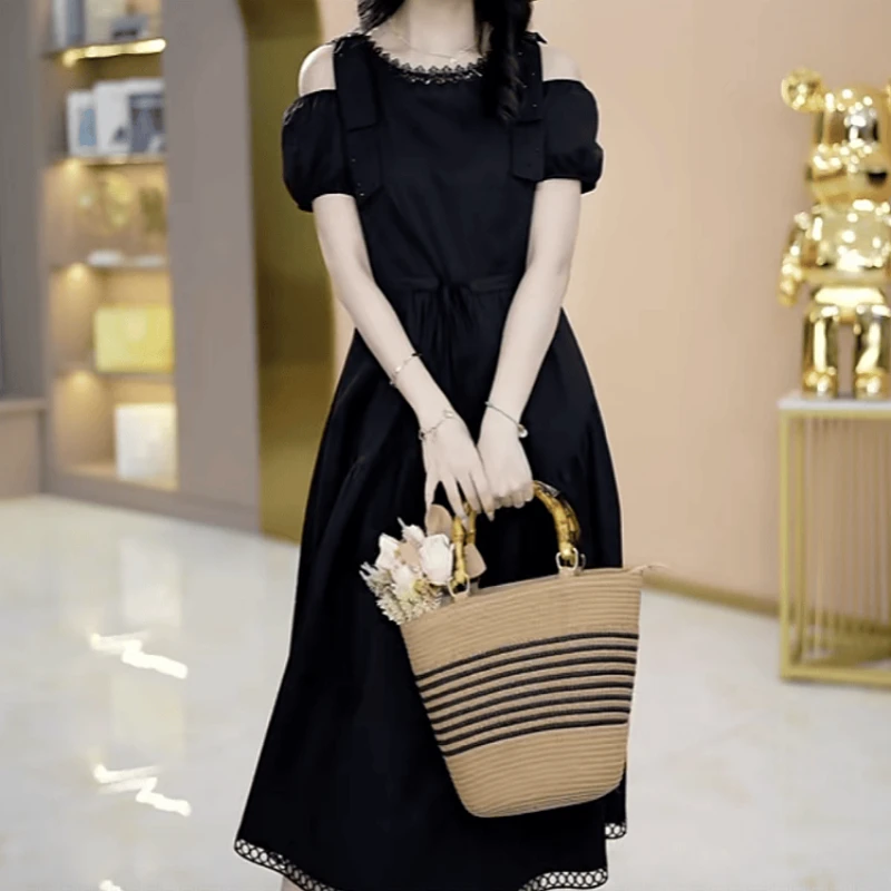 2025夏季新款时尚精致优雅端庄大气黑色修身显瘦洋气中长款连衣裙