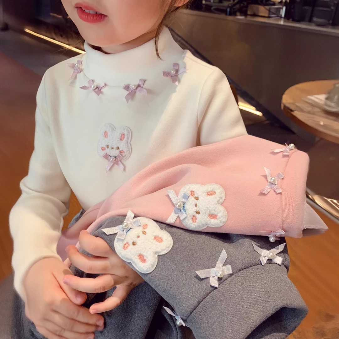 女童2025冬季加绒加厚半高领洋气卡通套头保暖长袖内搭上衣打底衫