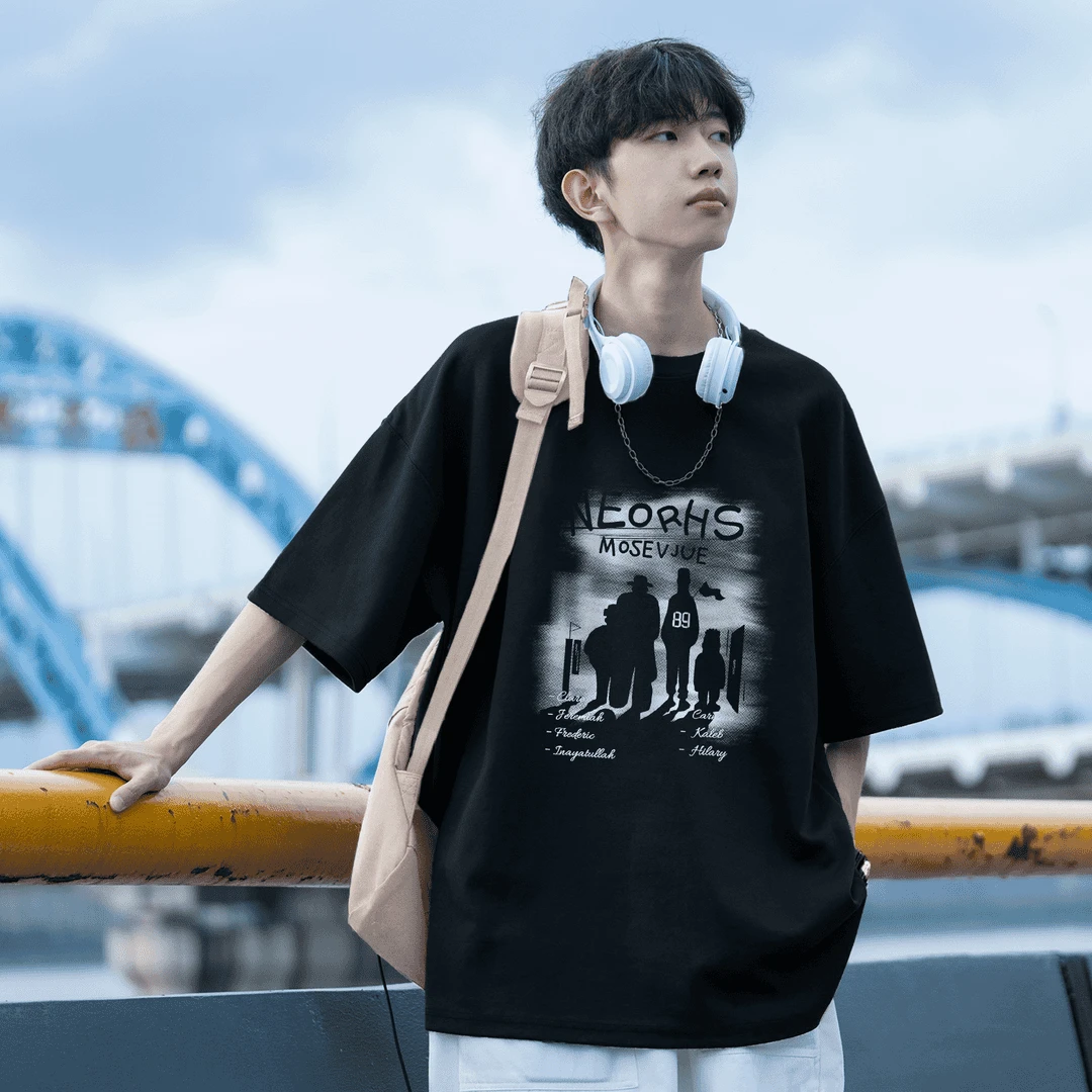 日系复古纯棉重磅短袖t恤男夏季oversize潮牌半袖大码宽松五分袖