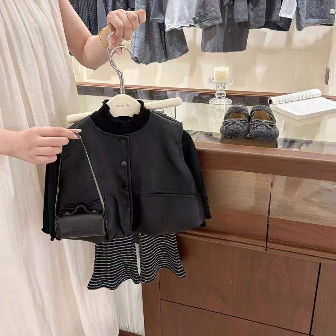 休闲风纯色条纹女单排扣法式套装皮衣女童秋季黑色