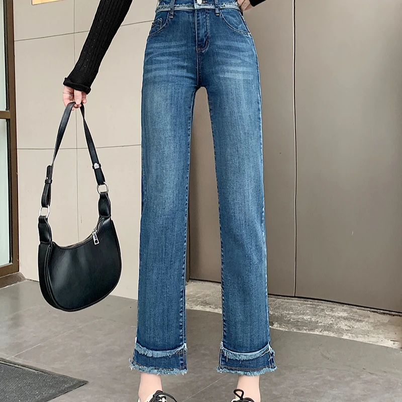 春装新款胖mm大码窄版直筒牛仔裤女高腰九分小个子烟管裤30445