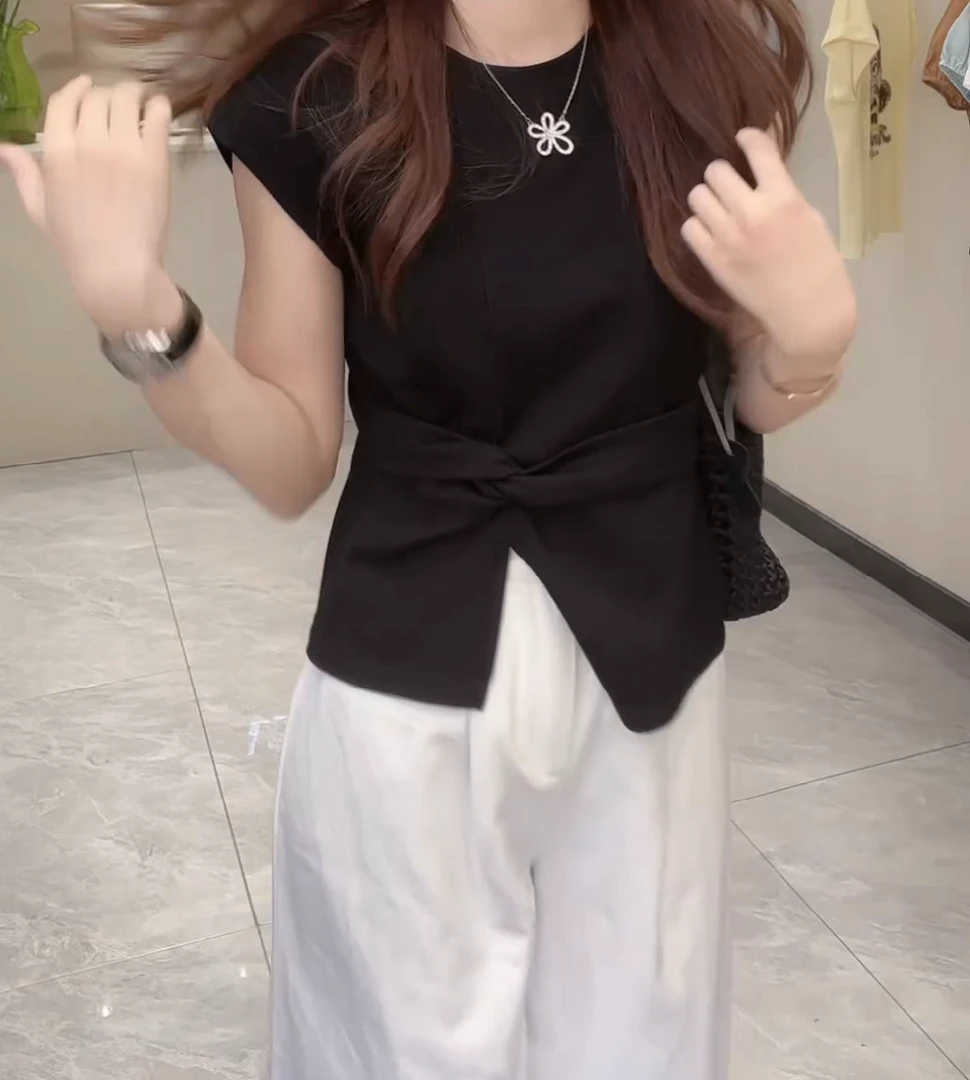 【魅力磁场】25616夏季新款飞飞袖掐腰扭结开叉下摆t恤