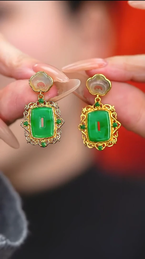 银S925镶嵌翡翠耳饰新款