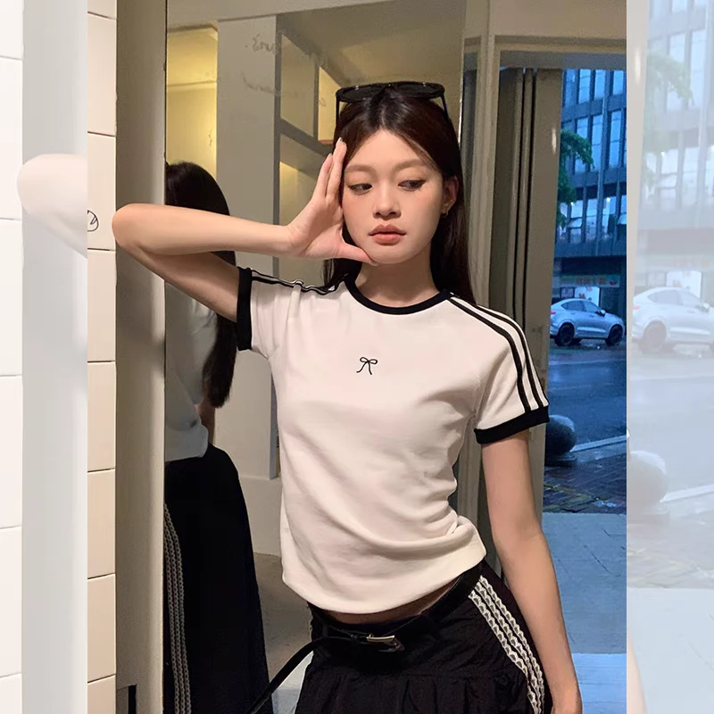 宋正恩条纹正肩白色短袖t恤女夏蝴蝶结修身显瘦短款小上衣AA8359