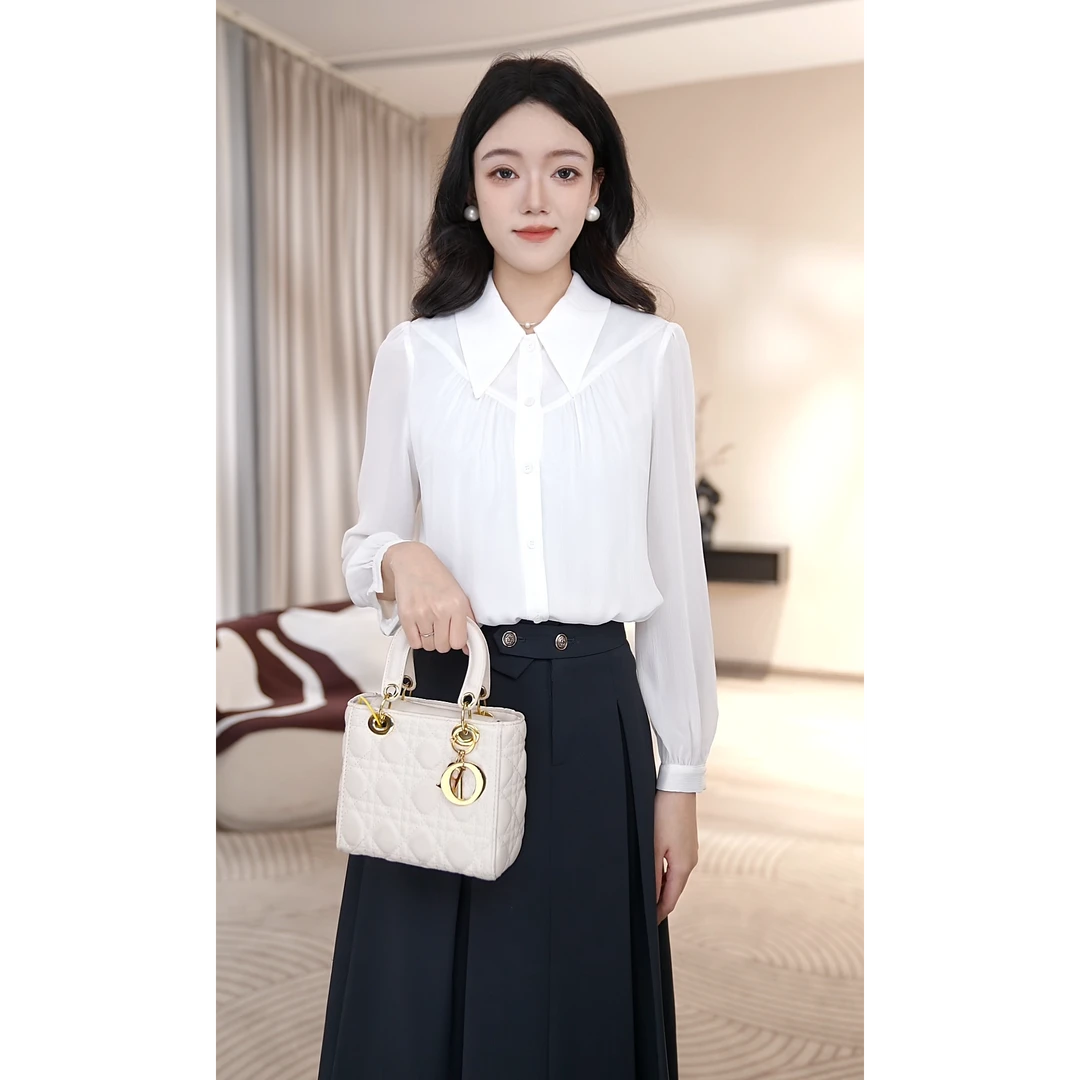 曼贝白色长袖衬衫女高级感宽松减龄显瘦气质职业衬衣8393049琳琳