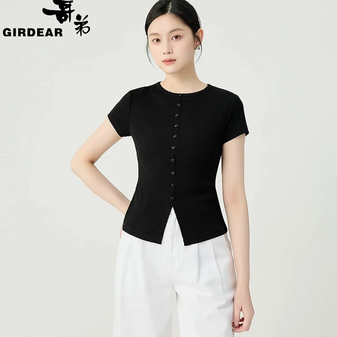 GIRDEAR/哥弟新款深色修身女士前中小开叉设计套头短袖t恤130031