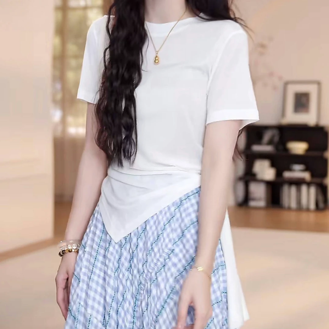 设计感纯色圆领系带短袖T恤女2025夏季新款少女时尚百搭减龄上衣