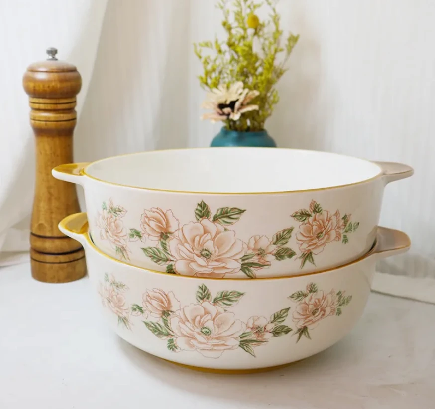 山茶花双耳碗2个【带耳9英寸】运输破损请联系客服补发