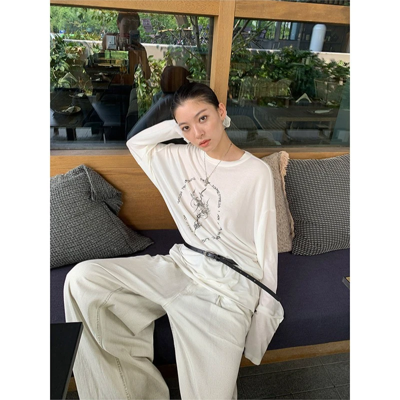洛边 原创设计师款毛边印花长袖宽松垂感T恤女