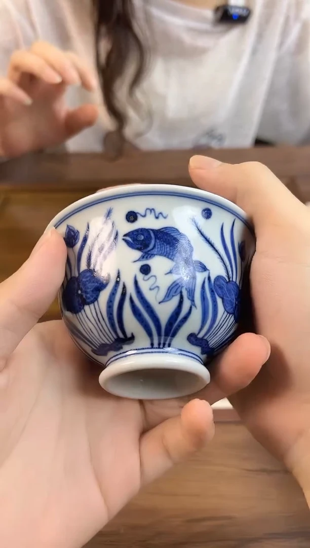 问青坊纯手工手绘青花鱼藻柴窑二才盖碗