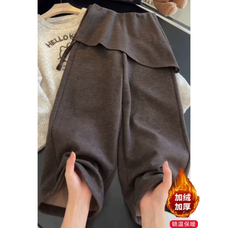 女童加绒裤子秋冬款2025新款儿童一体绒加厚假两件阔腿裤女孩冬装