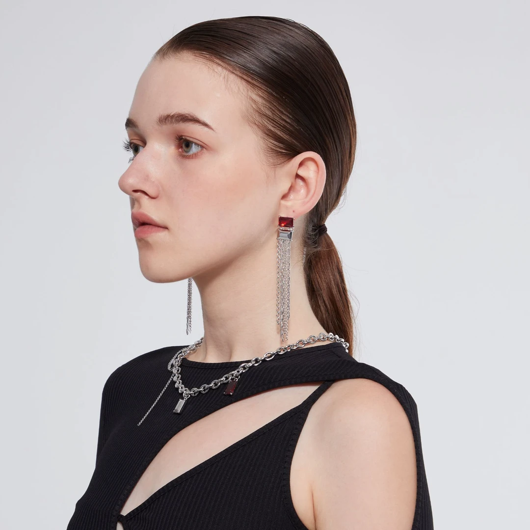 铜合金合成锆石耳饰 Flapper系列 双生 长方形流苏耳钉EL210520