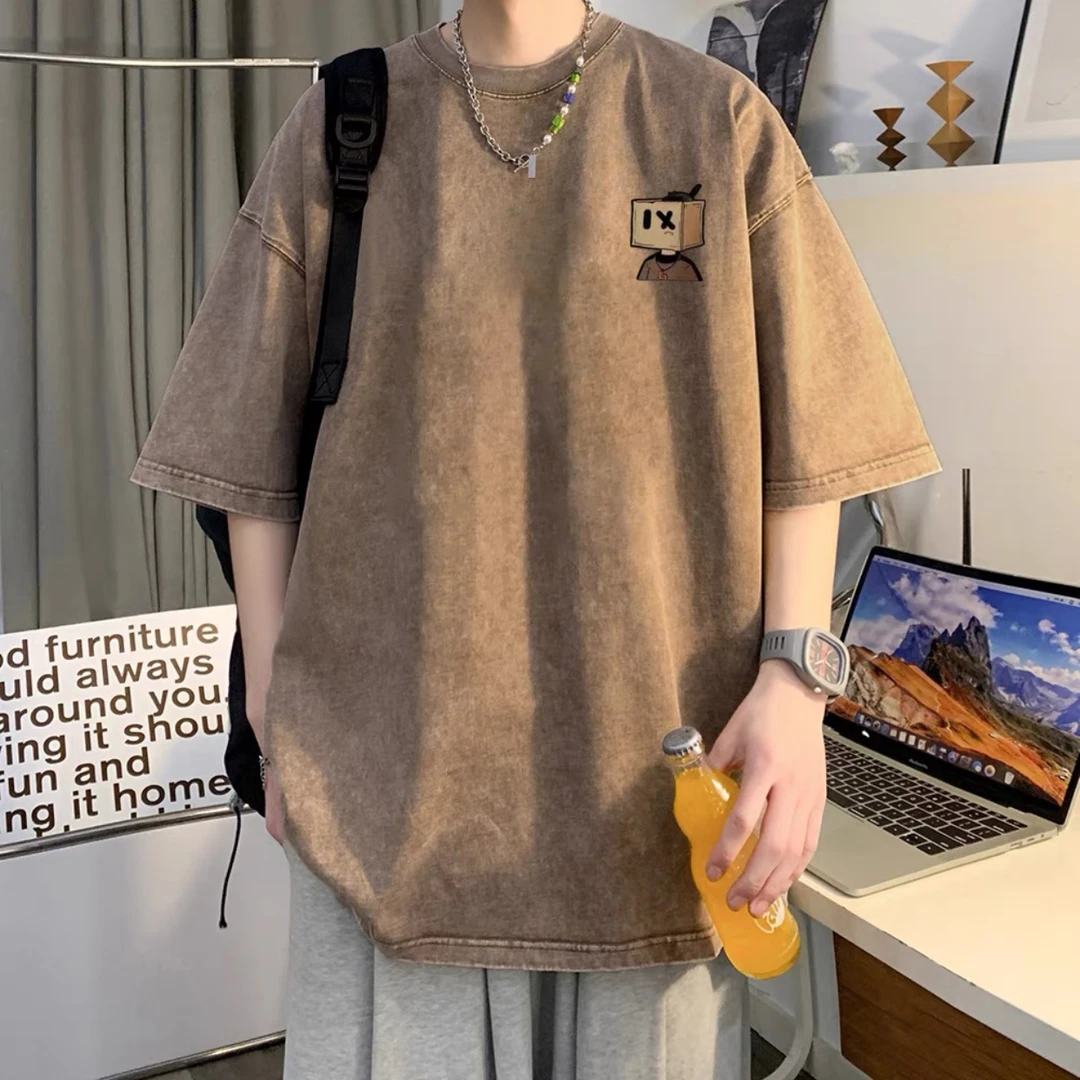 简约百搭纯棉做旧短袖T恤男夏季新款休闲宽松潮流ins港风复古上衣