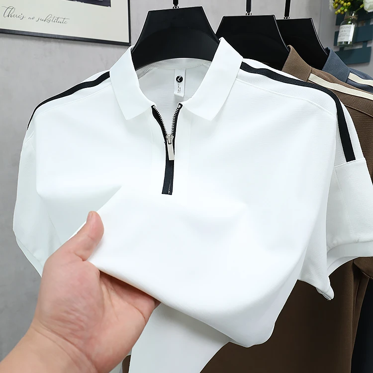 John Bunni撞色条纹半拉链t恤男士短袖polo衫夏季休闲翻领上衣潮