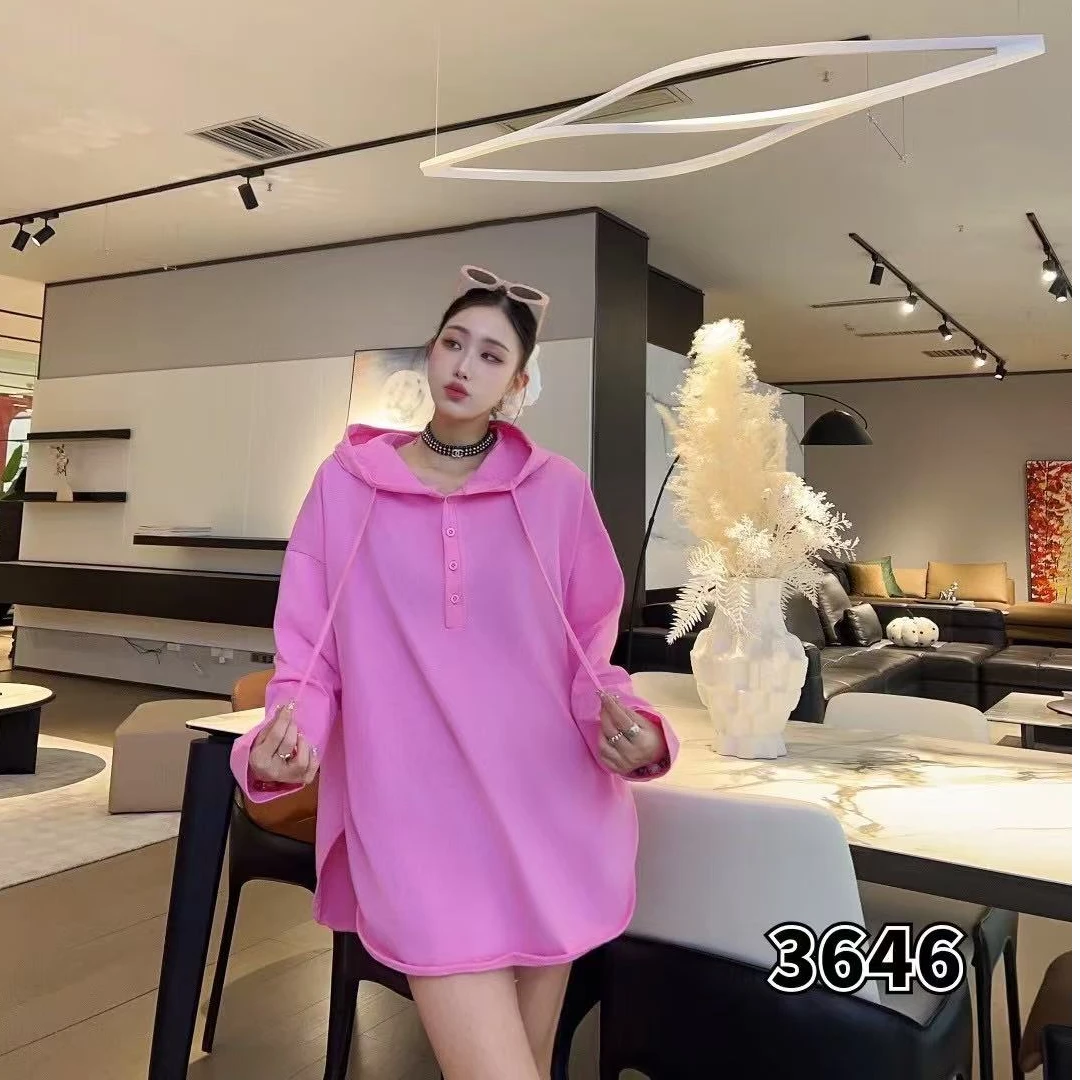 3646-韩版设计感连帽显小宽松大码女装加长盖臀衫