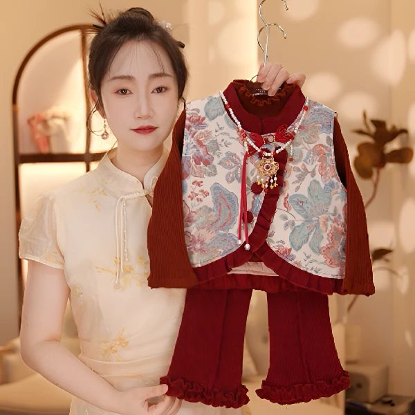 【Y.g2365】2025秋季新款女童国风加绒复古女宝重工长裤套装中式