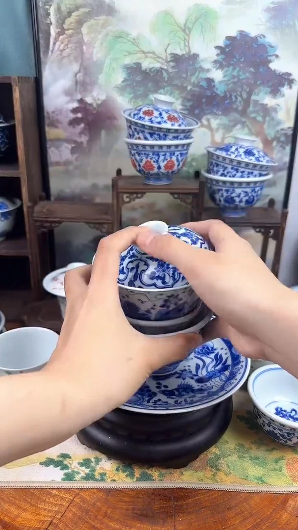 陶瓷素*仿成化鱼藻纹五件套+