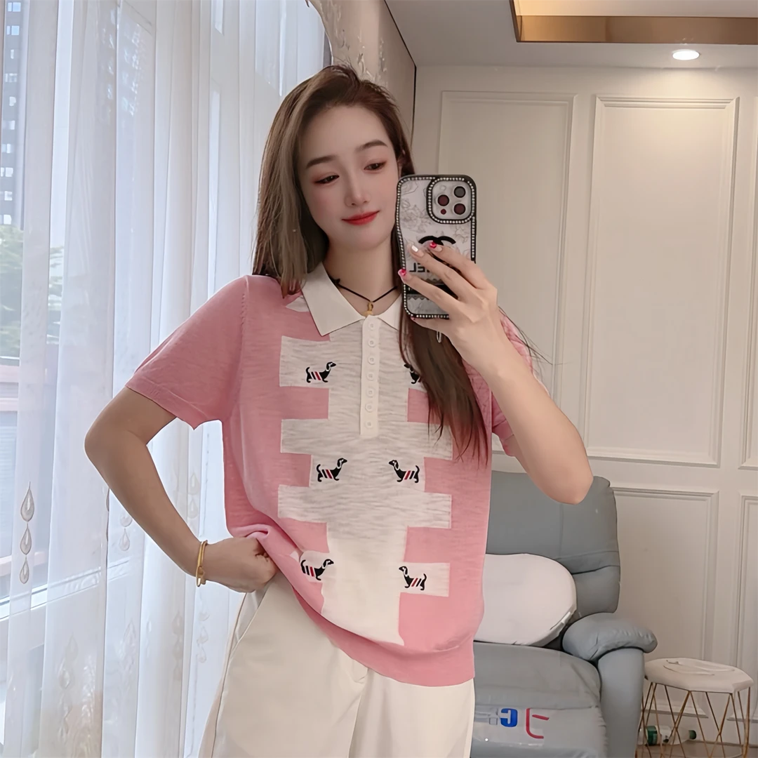 5119现货夏季针织衫套头翻领短袖宽松女装刺绣卡通显瘦时尚上衣