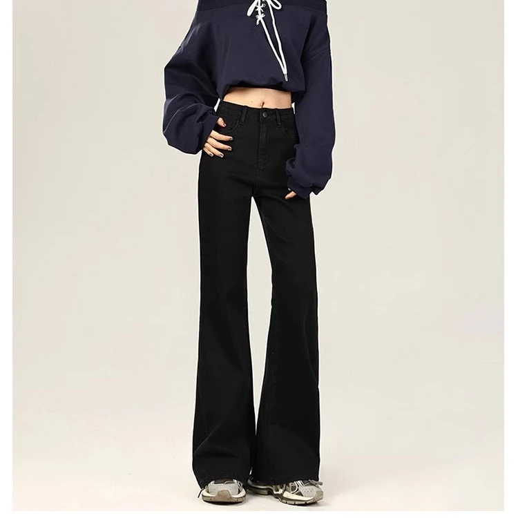 【现货+运费险】大码胖mm加绒黑色牛仔裤女微喇弹力显瘦马蹄喇叭裤