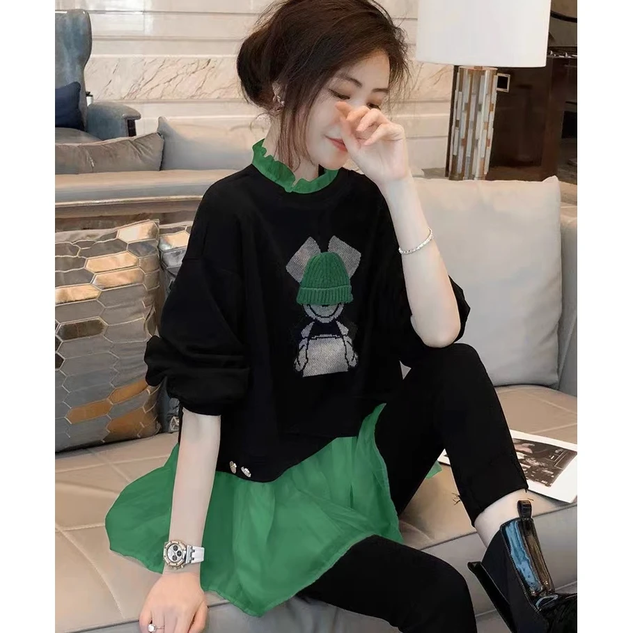 时尚假两件印花卫衣女小个子洋气宽松休闲高端年春装