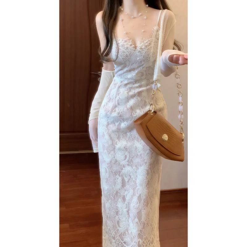 风情万种蕾丝吊带连衣裙修身包臀裙生日礼服裙&防晒空调开衫9181