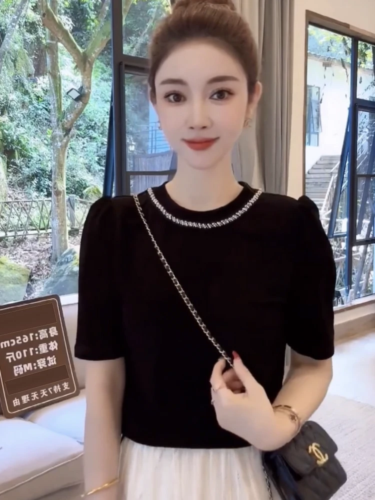 醋酸丝t恤女泡泡袖圆领重工钉珠2025夏季新款修身高端法式上衣