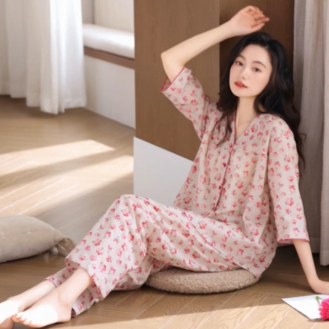 浪莎睡衣女士可外穿七分袖2025新款夏季薄款套装宽松家居服套装LS