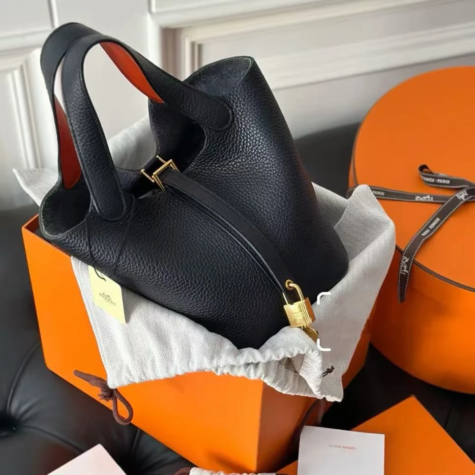 99新 Hermes/爱马仕 3141|爱马仕22黑蓝x刻tc牛皮菜篮子手提