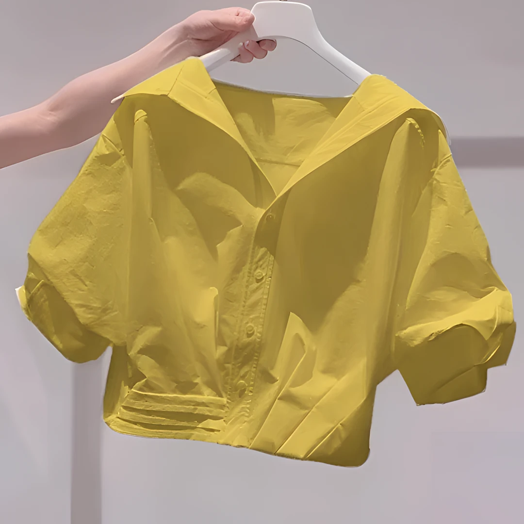 超好看黄色翻领短袖衬衫女2025夏季新款时尚宽松慵懒风短款上衣潮