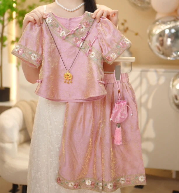【菲菲高定】2025新款夏季女童百搭时尚洋气中国风粉色国风套装
