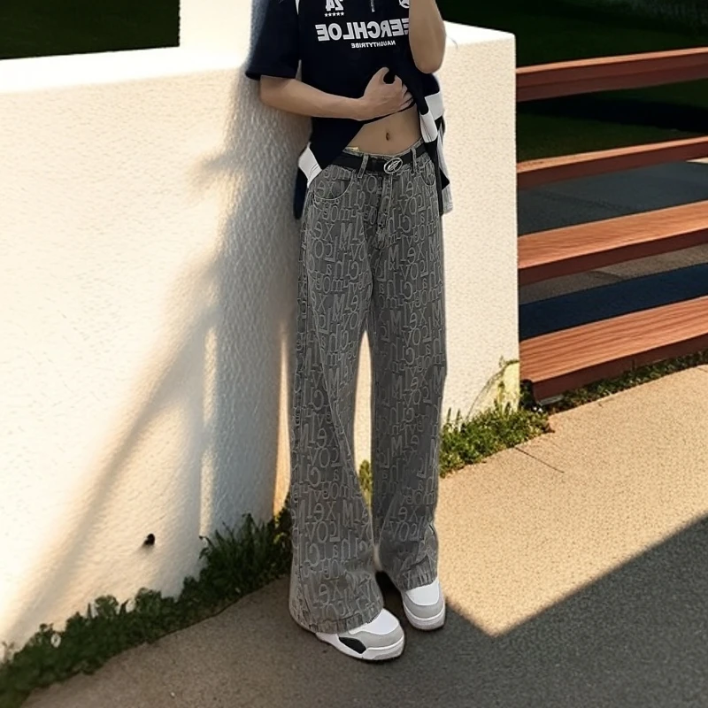 美式复古vintage裤子男款夏季字母满印牛仔裤窄版直筒微喇弯刀裤