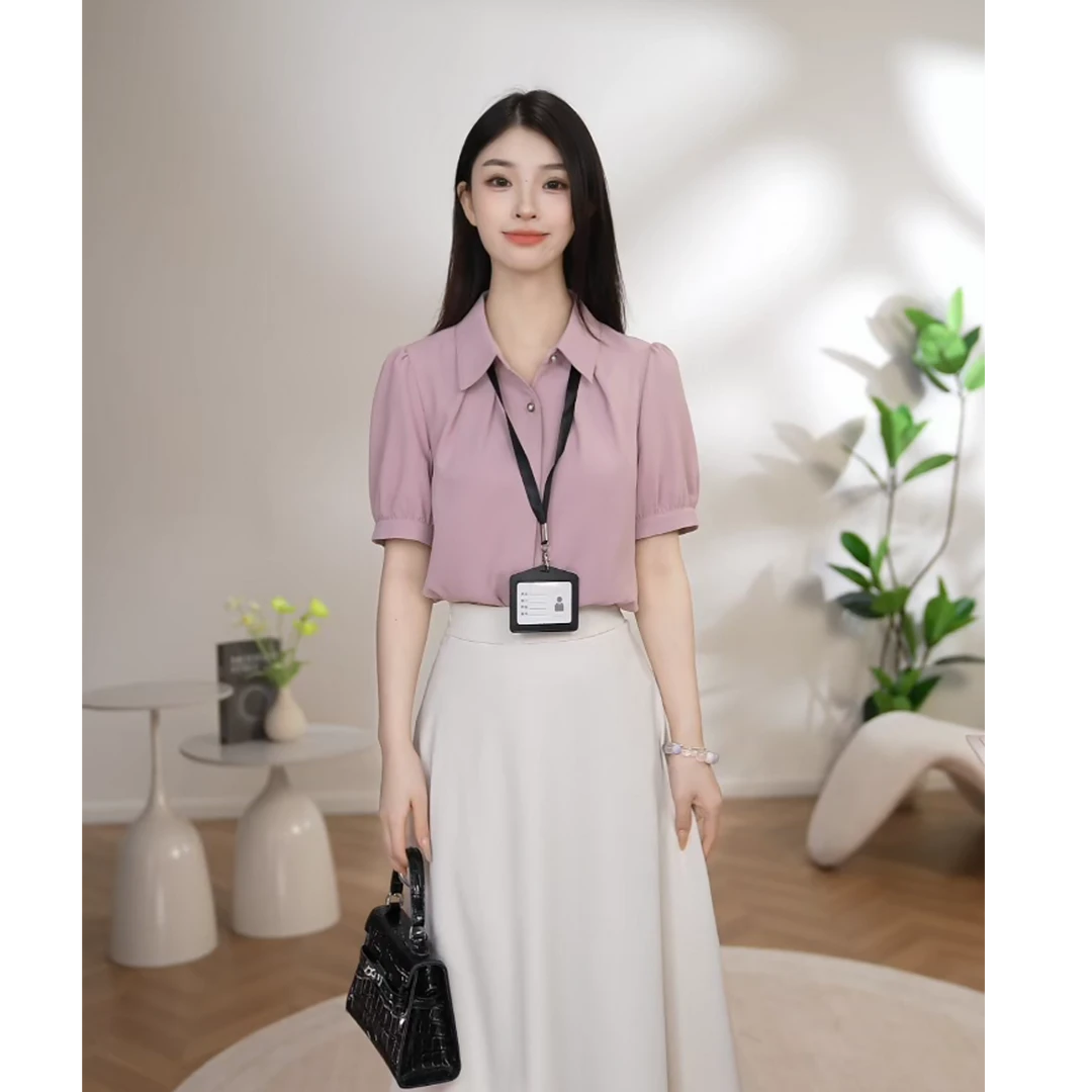 曼贝2025夏季新款职业短袖衬衫女气质百搭显瘦衬衣8592458A【珮珮】