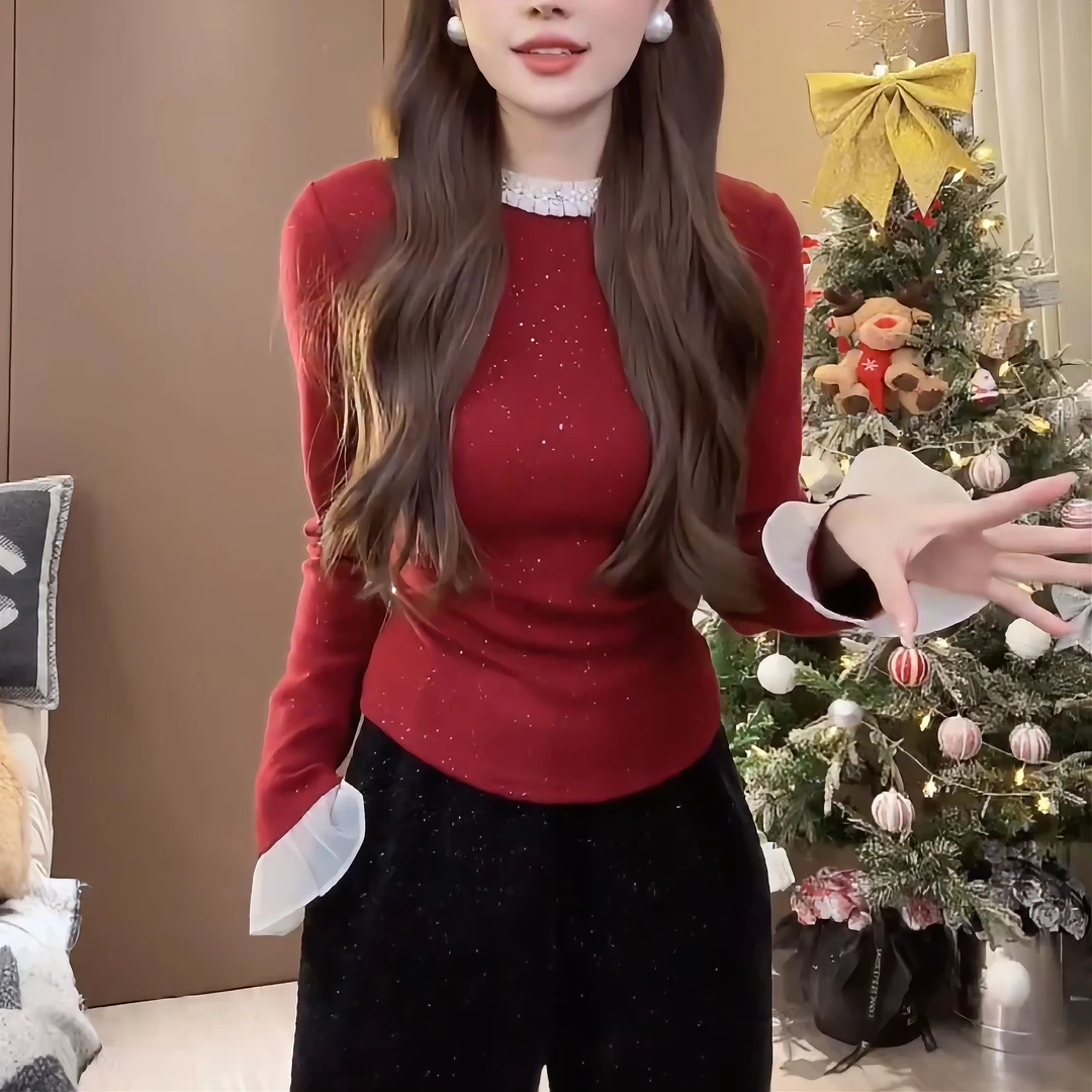 2025秋冬韩系百搭显瘦设计感拼接珠珠花边气质上衣女LK2501090